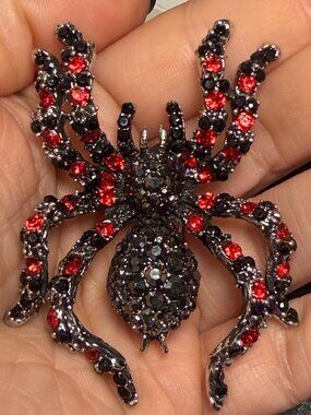 Spider Brooch Black Red Crystal  3D Rhinestone Statement Pin 2.75”